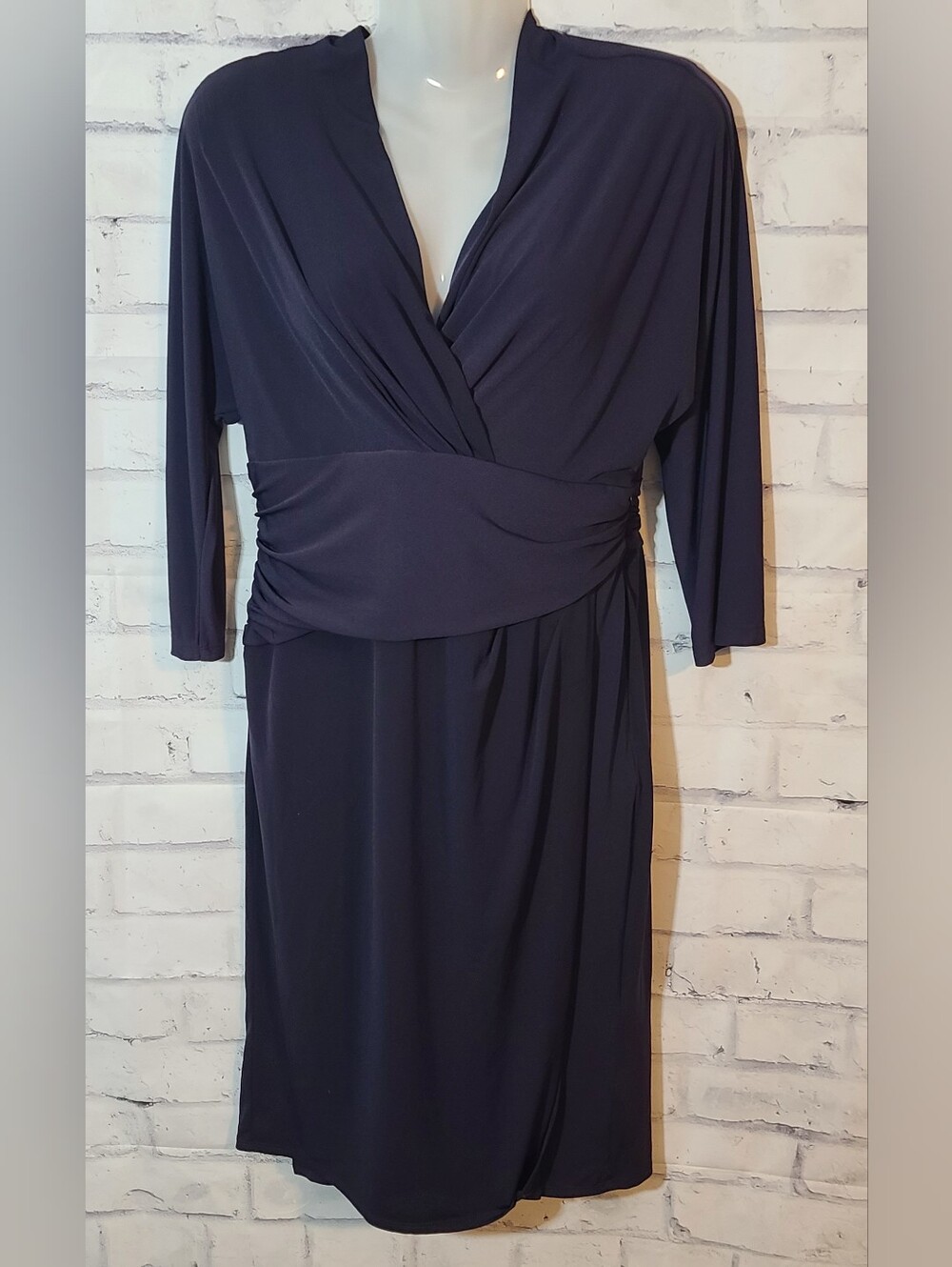 Suzi Chin for Maggy Boutique Navy Wrap V-Neck 3/4 Sleeve Dress Petites 8P